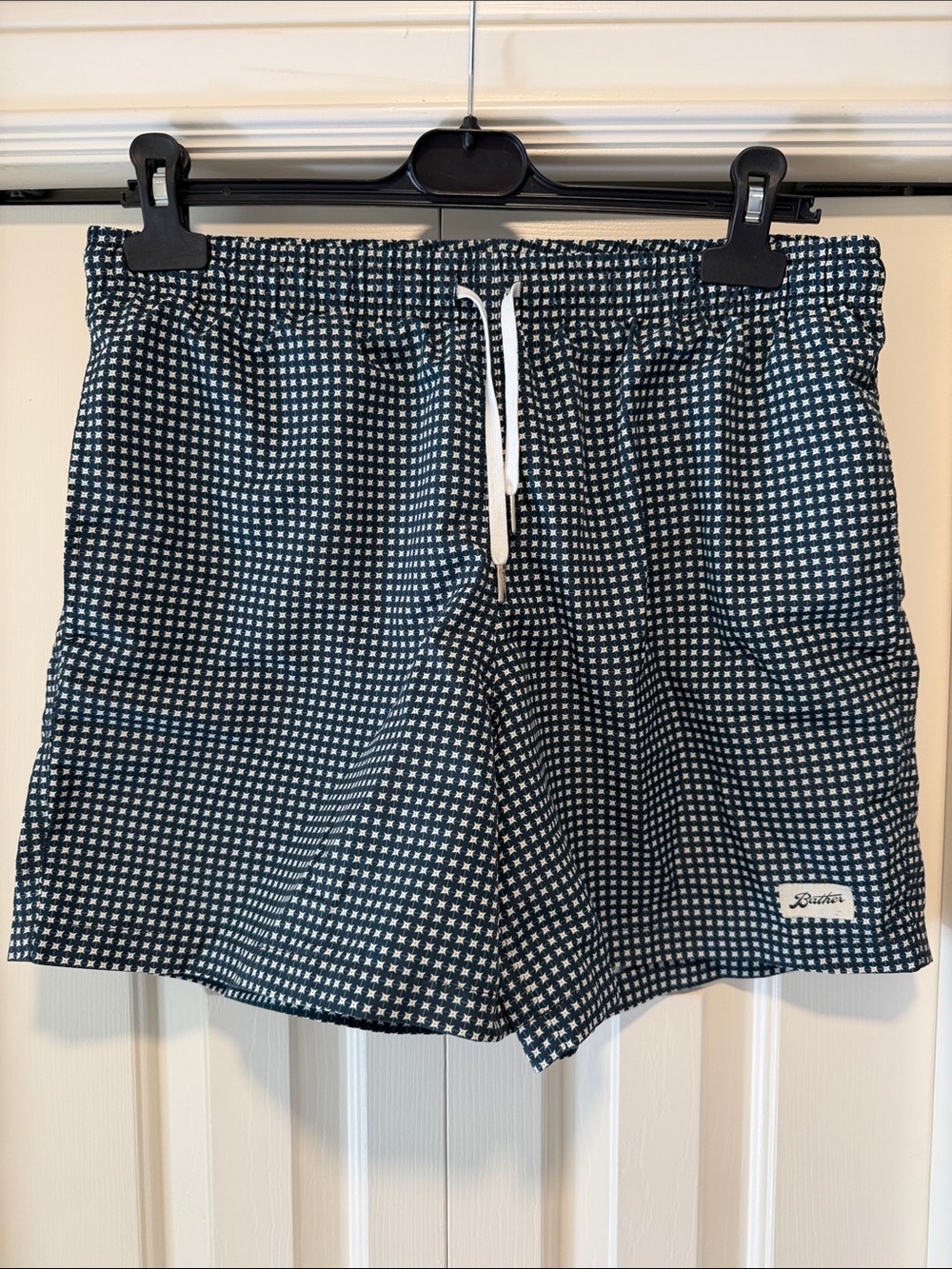 Men's Navy Patterned Swim Trunks with White Drawcord
